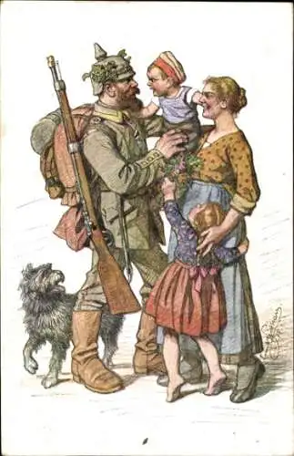 Künstler Ak Deutscher Soldat mit Gewehr, Frau mit Kindern, Hund