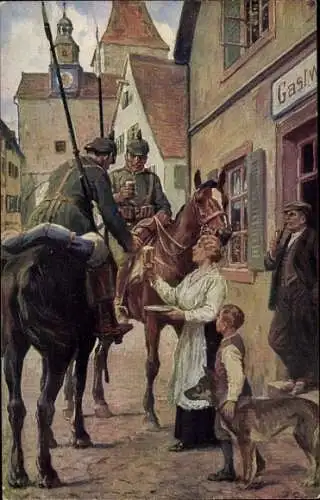 Künstler Ak Roloff, A., Ein Trunk im Bügel, Deutsche Kavalleristen mit Lanzen, Bier, Schäferhund