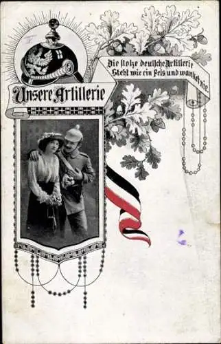 Passepartout Ak Deutsche Artillerie, Soldat mit einer Frau, Eichenlaub
