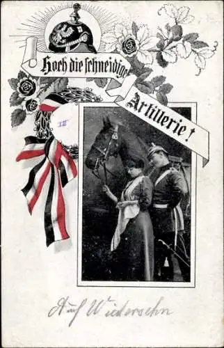 Passepartout Ak Hoch lebe die schneidige Artillerie, Soldat in Uniform, Frau, Soldatenliebe