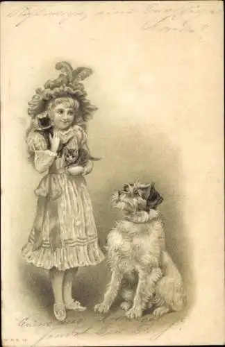 Litho Mädchen mit zwei kleinen Katzen, Hund