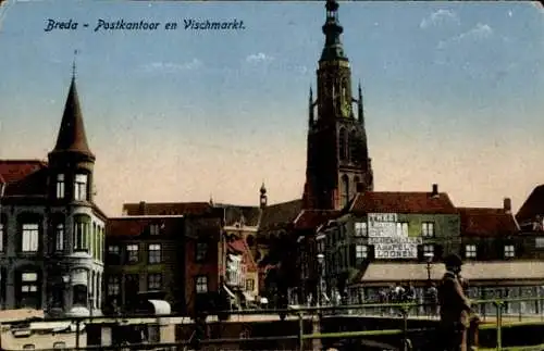 Ak Breda Nordbrabant Niederlande, Breda Postkantoor en Vischmarkt, THEE, SCARENHAALZUN, APELT,...