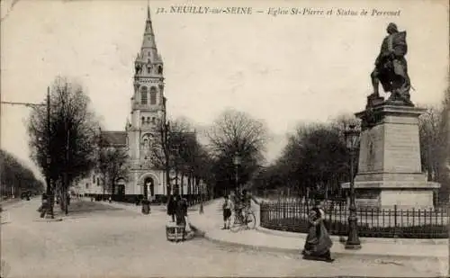 Ak Neuilly sur Seine Hauts de Seine, Eglise St-Pierre et Statue de Perronet