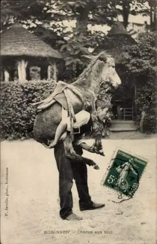 Ak Robinson Hauts de Seine, Mann trägt Esel auf dem Rücken
