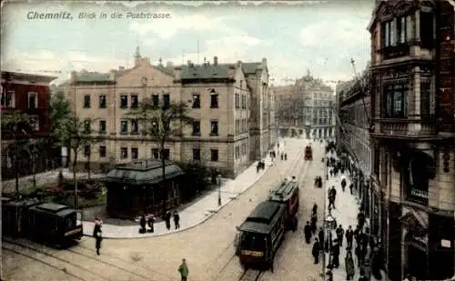 Ak Chemnitz in Sachsen,  Poststraße mit Straßenbahn