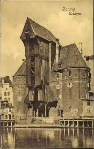 Ak Gdańsk Danzig, Krahntor, historische Holzarchitektur, Hafenszene, alte Postkarte