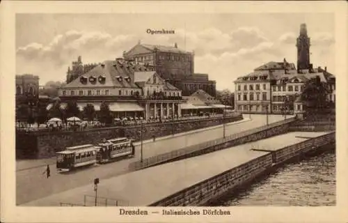 Ak Dresden Altstadt Friedrichstadt, Opernhaus, Italienisches Dörfchen, Straßenbahn, Stadtansicht