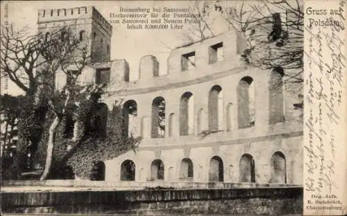 Ak Potsdam Sanssouci, Ruinenberg bei Sanssouci, Hochreservoir, Fontainen, 8 Millionen Liter