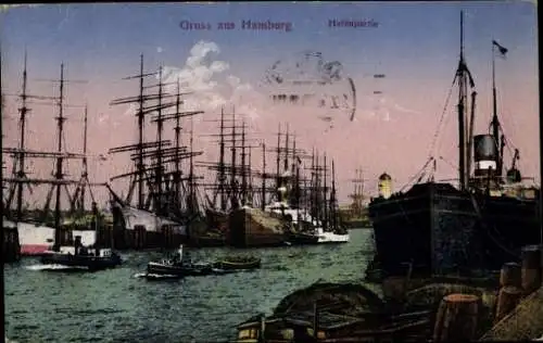 Ak Hamburg, Schiffe im Hafen, Dampfer, Segelschiffe