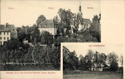 Ak Reinhardtsdorf Schöna Sächsische Schweiz, Schule, Pfarre, Kirche, Kgl. Oberförsterei