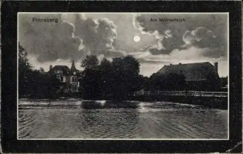 Ak Pinneberg in Holstein, Mühlenteich, Mondschein, Häuser, Wolken
