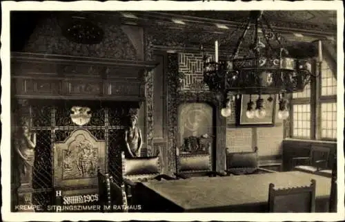 Ak Krempe in Holstein, Sitzungszimmer im Rathaus, historisches Interieur, große Tafel, chandelier