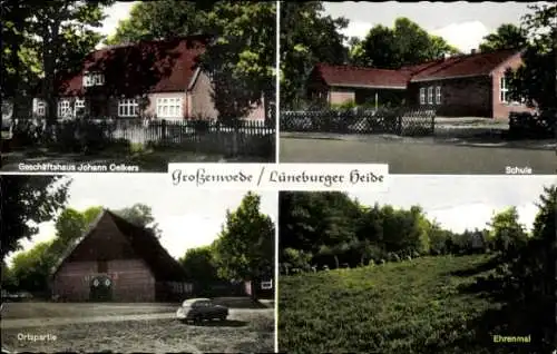 Ak Lüneburger Heide, Geschäftshaus Johann Oelkers, Schule, Ortspartie, Ehrenmal