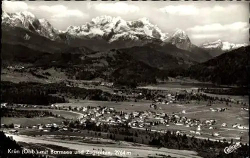 Ak Barmsee Krün an der Isar Oberbayern, Krün mit Barmsee und Zugspitze, 2964 m, Berglandschaft...