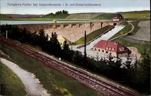 Ak Malter Dippoldiswalde, Talsperre Malter, Elektrizitätswerk, Landschaft, Bahnlinie