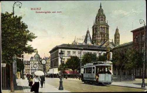 Ak Mainz am Rhein, Gutenbergplatz mit Dom, Straßenbahn