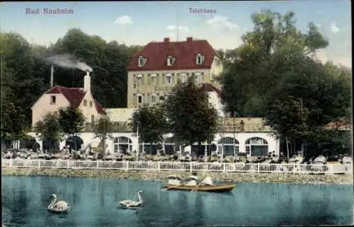 Ak Bad Nauheim in Hessen, Teichhaus, See mit Schwänen, Menschen auf Terrasse