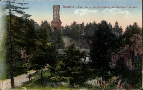 Ak Rochlitz in Sachsen, Turm und Steinbrücke des Rochlitzer Berges, Wald
