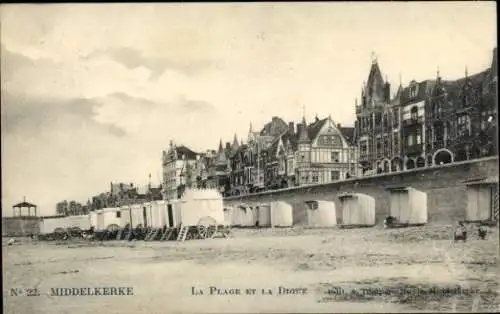 Ak Middelkerke Westflandern, Strand und Damm, alte Gebäude, Transportwagen, Postkartenmotiv
