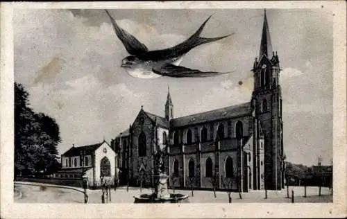 Ak Marienthal Mariental in Niedersachsen, Basilika, Vogel fliegt über Gebäude, Brunnen im Vord...