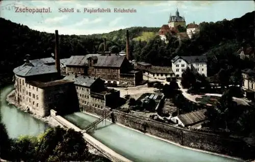 Ak Schönfeld im Zschopautal Thermalbad Wiesenbad im Erzgebirge, Schloss, Papierfabrik Kriebste...