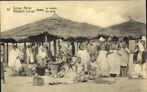 Ak Boma Congo Belge DR Kongo Zaire, Marktszene, Menschenmengen, traditionelle Hütten, landwirt...