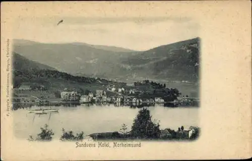 Ak Norheimsund Norwegen, Sanduens Hotel, Berge, Wasser, Berglandschaft, historische Postkarte