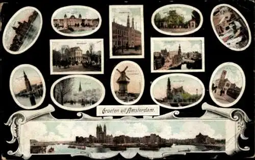 Passepartout Ak Amsterdam Nordholland Niederlande, Panorama, Windmühle, Rathaus, Turm