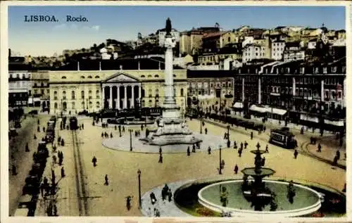Ak Lisboa Lissabon Portugal, Platz mit Denkmal, Brunnen,  Gebäude, Menschen, Straßenbahn