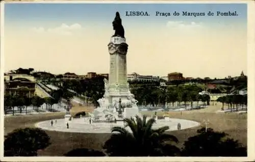 Ak Lisboa Lissabon Portugal, Platz Marques de Pombal, Statue, grüne Anlagen, urbanes Szenario