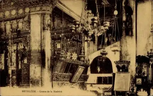 Ak Bethlehem Palästina, Grotte der Geburt, ornamentierte Innenansicht,  Stätte