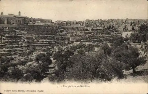 Ak Bethlehem Palästina, Ansicht von  Hügel, Olivenbäume,  Architektur