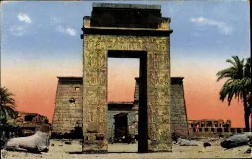 Ak Karnak Ägypten, Pylon von Ptolemaeus Evergetes, Palmen, Farbige Darstellung, Ruinen