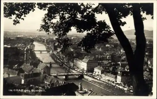 Ak Graz Steiermark, Stadtansicht von  Fluss, Brücken,  Architektur, Bäume im Vordergrund