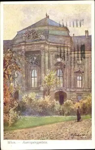 Ak Wien 1 Innere Stadt, Auerspergpalais, farbiges Bild, herbstliche Bäume, Mensch im Vordergrund