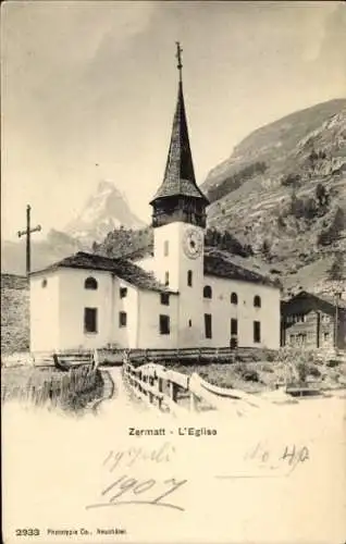 Ak Zermatt Kanton Wallis Schweiz, Kirche, Zermatt L'Eglise, Berge, Fotografie