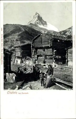 Ak Zermatt Kanton Wallis Schweiz, Chalets, Matterhorn, zwei Personen, ländliche Szene, schwarz-we