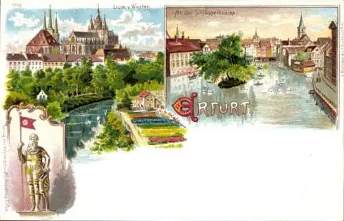 Ak Erfurt in Thüringen, Stadtansicht, Dom, Schlösserbrücke, Statue
