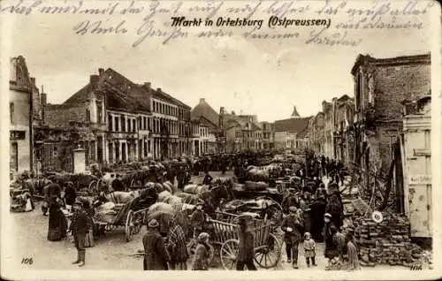 Ak Szczytno Ortelsburg Ostpreußen, Markt, Menschenmenge,  Architektur, Pferdefuhrwerke