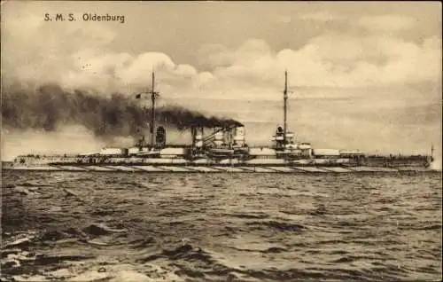 Ak Deutsches Kriegsschiff, SMS Oldenburg, Kaiserliche Marine, Ansicht Steuerbord