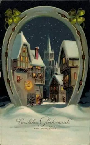 Präge Ak Glückwunsch Neujahr, Hufeisen, Kleeblätter, Ort im Winter