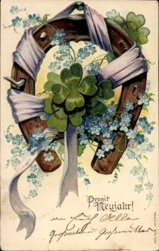 Präge Ak Glückwunsch Neujahr, Glücksklee, Hufeisen und Vergissmeinnicht