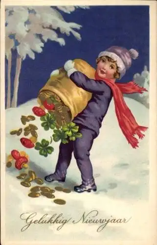 Ak Glückwunsch Neujahr, Kind, Münzen, Glücksklee, Pilze