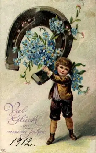 Präge Ak Glückwunsch Neujahr, Kind, Hufeisen, Vergissmeinnicht