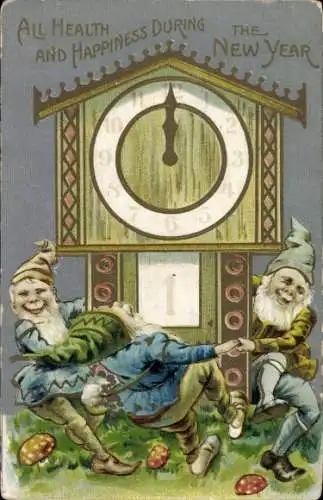 Präge Ak Glückwunsch Neujahr, Zwerge, Uhr, Pilze