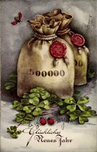 Ak Glückwunsch Neujahr, Geldsäcke, Glücksklee, Marienkäfer