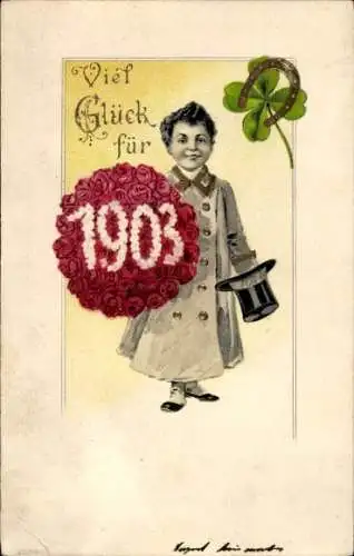 Ak Glückwunsch Neujahr 1903, Kind, Blumenstrauß, Hufeisen, Glücksklee