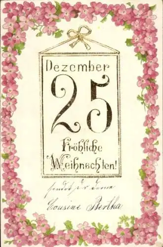Präge Ak Glückwunsch Weihnachten, Kalender, Blumen