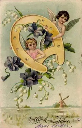 Präge Ak Glückwunsch Neujahr, Engel, Hufeisen, Maiglöckchen