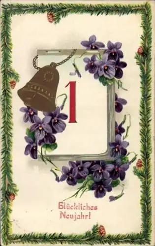 Präge Passepartout Ak Glückwunsch Neujahr, Glocke, Kalender, Veilchen